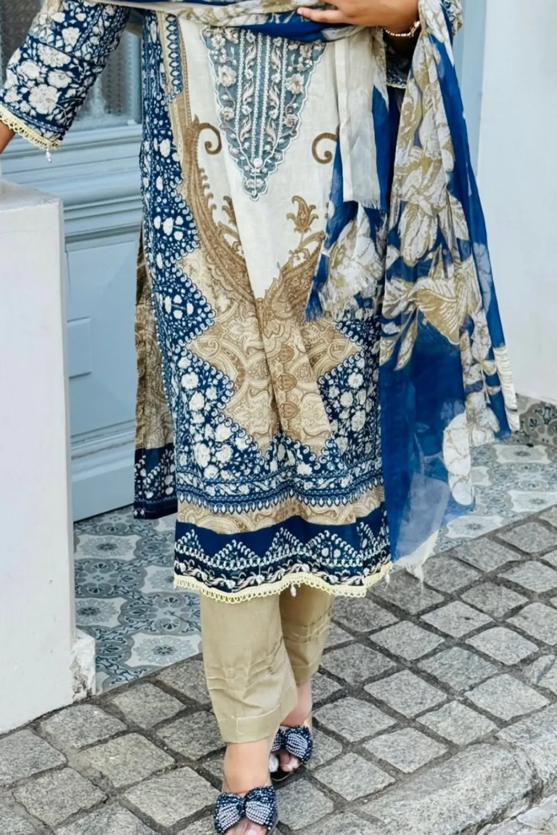 Royal Blue & Ivory Berry Silk Suit Set With Mirror Work & Printed Dupatta