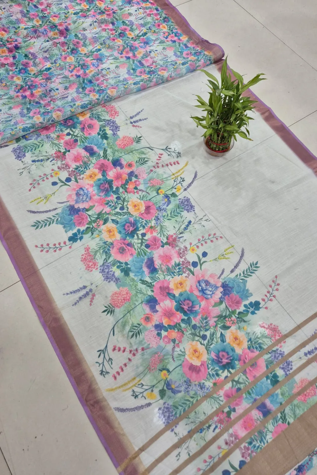 White Linen Saree with Floral Digital Print & Gold Jari Border