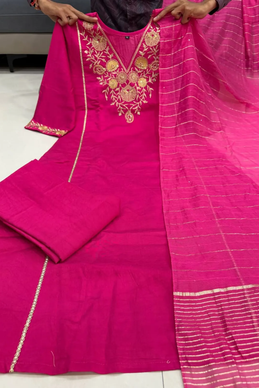 Premium Pure Satori Silk Pink Suit Set with Banarasi Dupatta