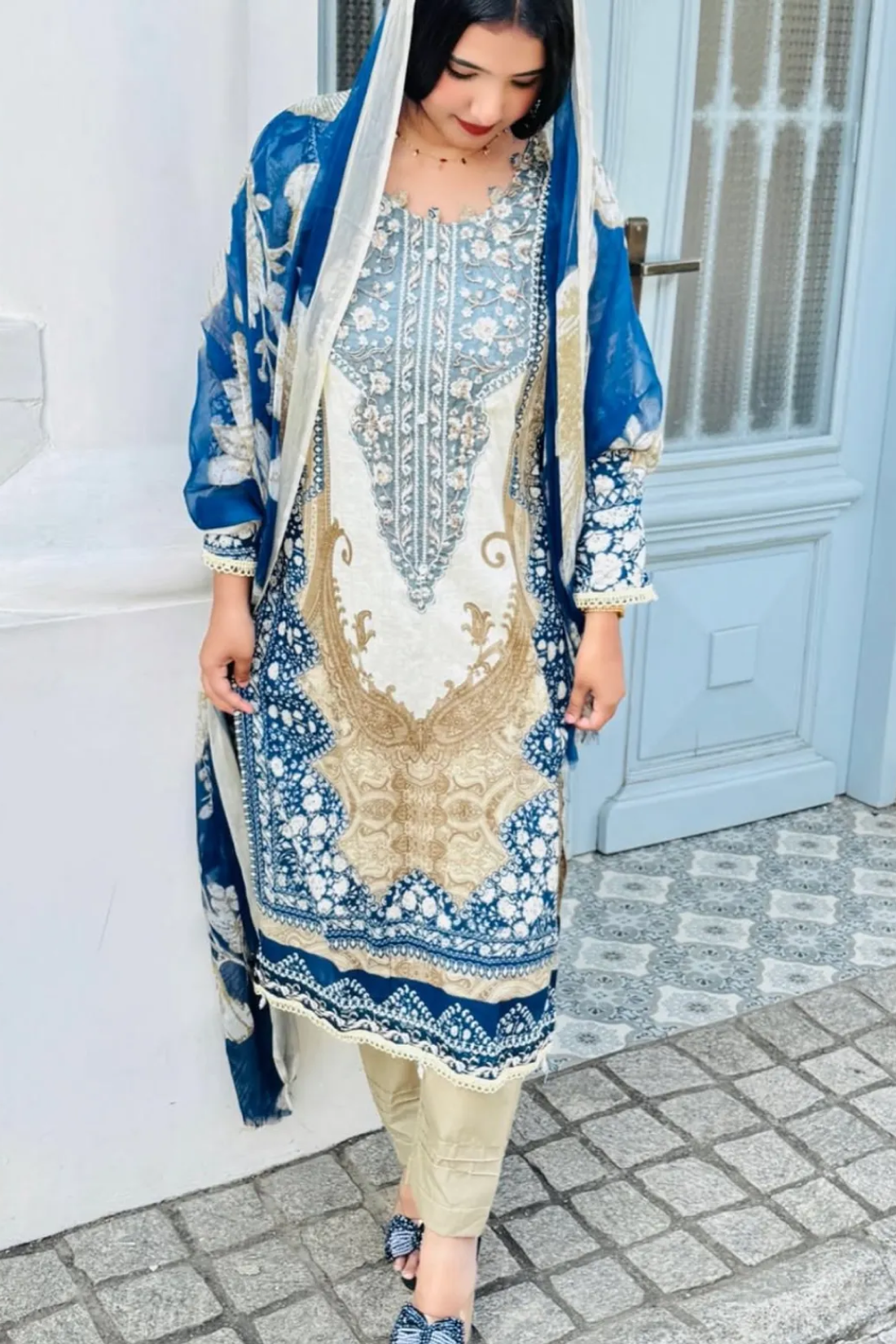 Royal Blue & Ivory Berry Silk Suit Set With Mirror Work & Printed Dupatta