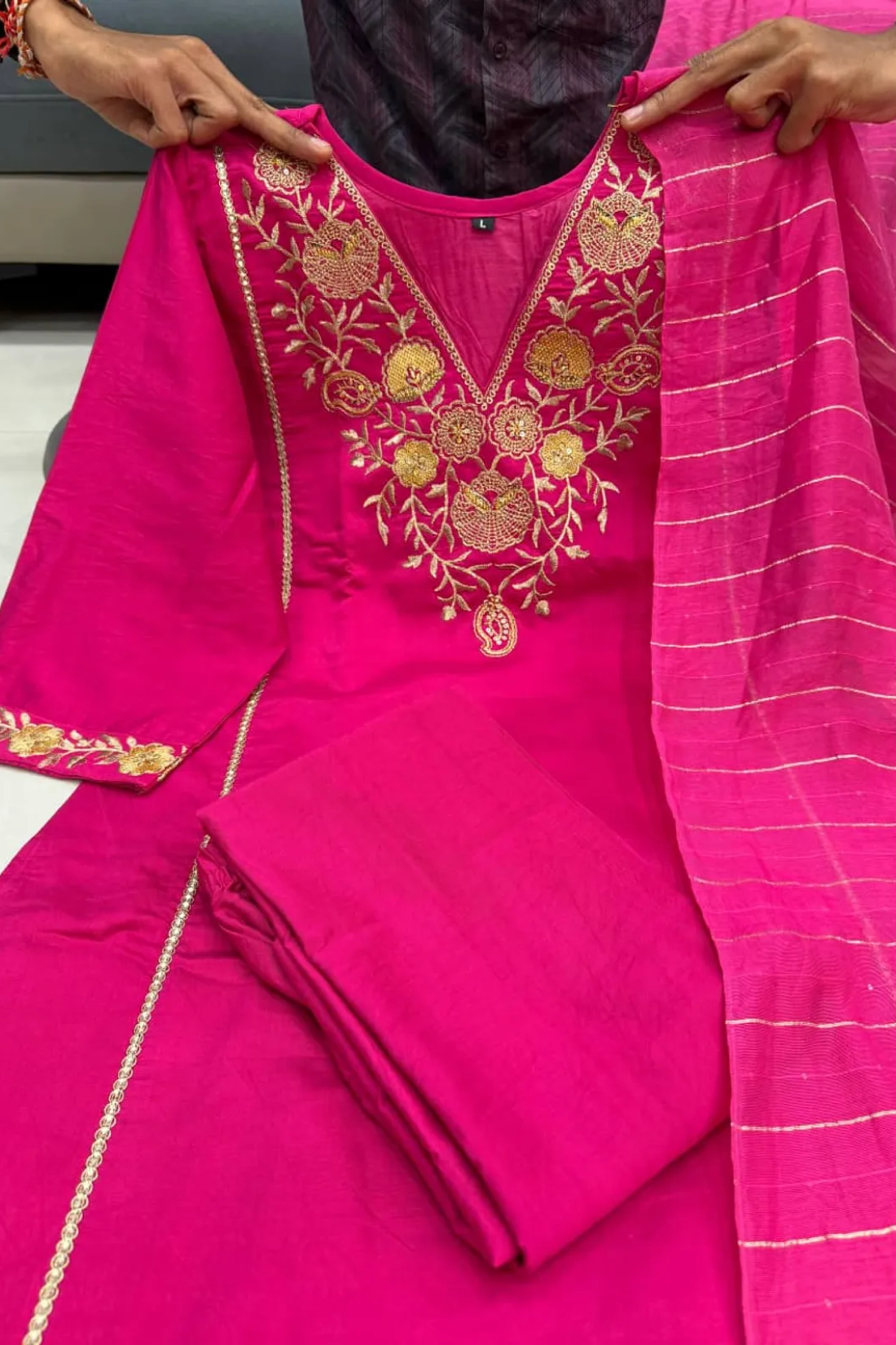 Premium Pure Satori Silk Pink Suit Set with Banarasi Dupatta