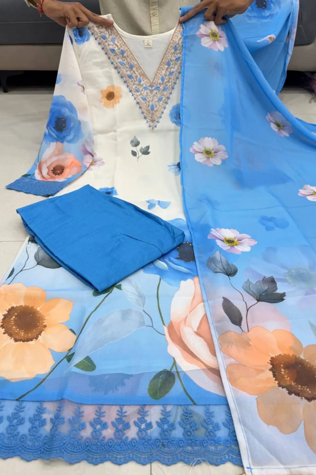 Sharda Ethnic Flora Azure – Premium Soft Chiffon Floral Suit Set With Handwork Embroidered Neck