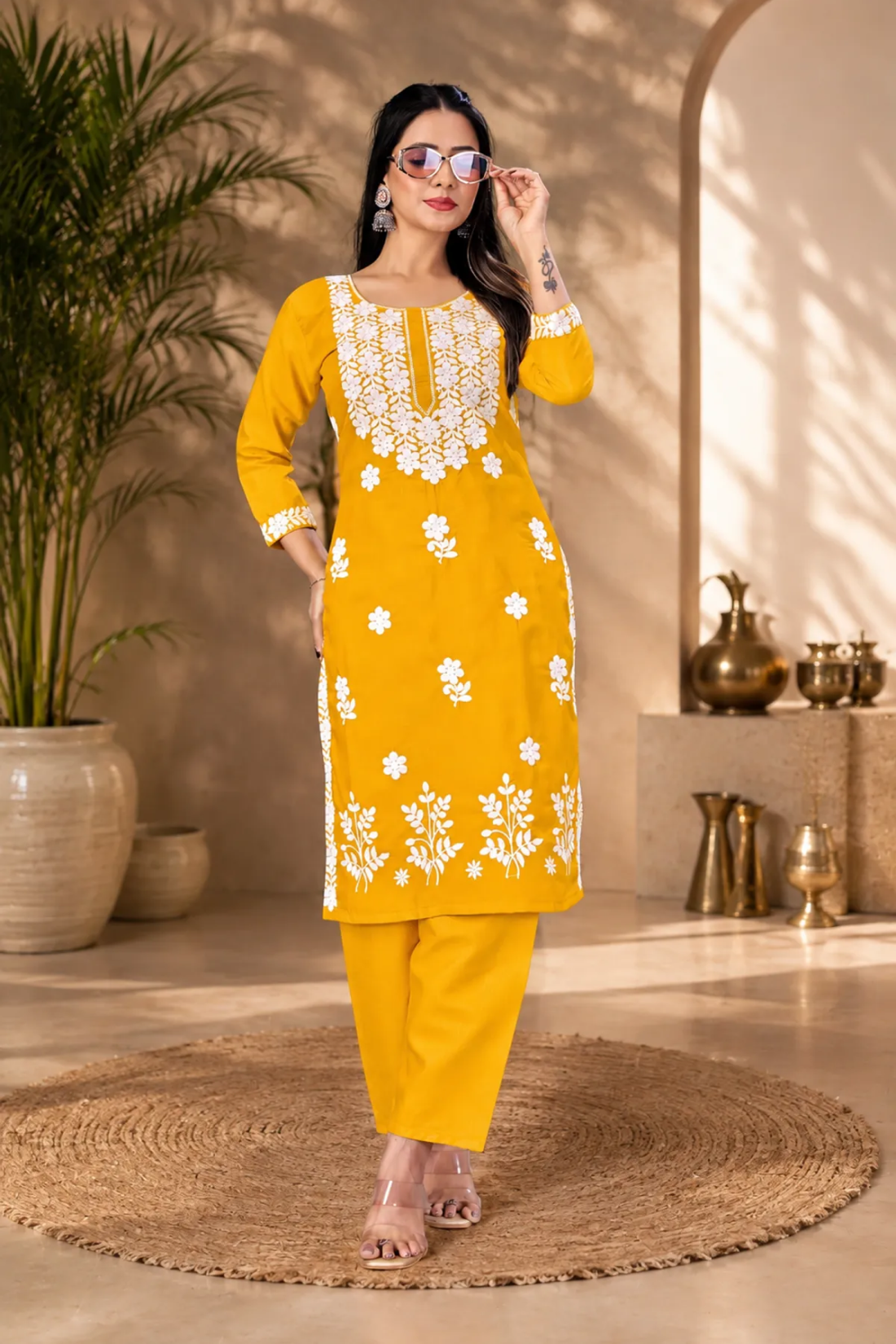 Premium Cotton Yellow Embroidered Kurta Set for Women