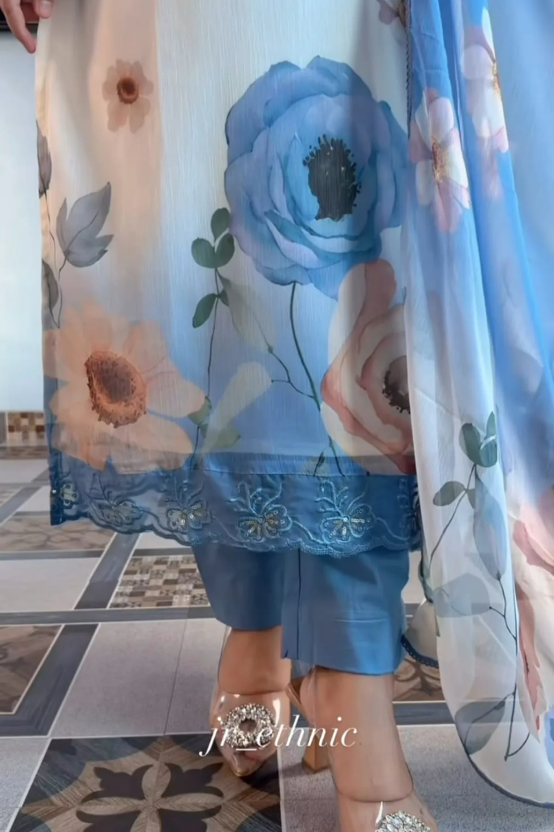 Sharda Ethnic Flora Azure – Premium Soft Chiffon Floral Suit Set With Handwork Embroidered Neck