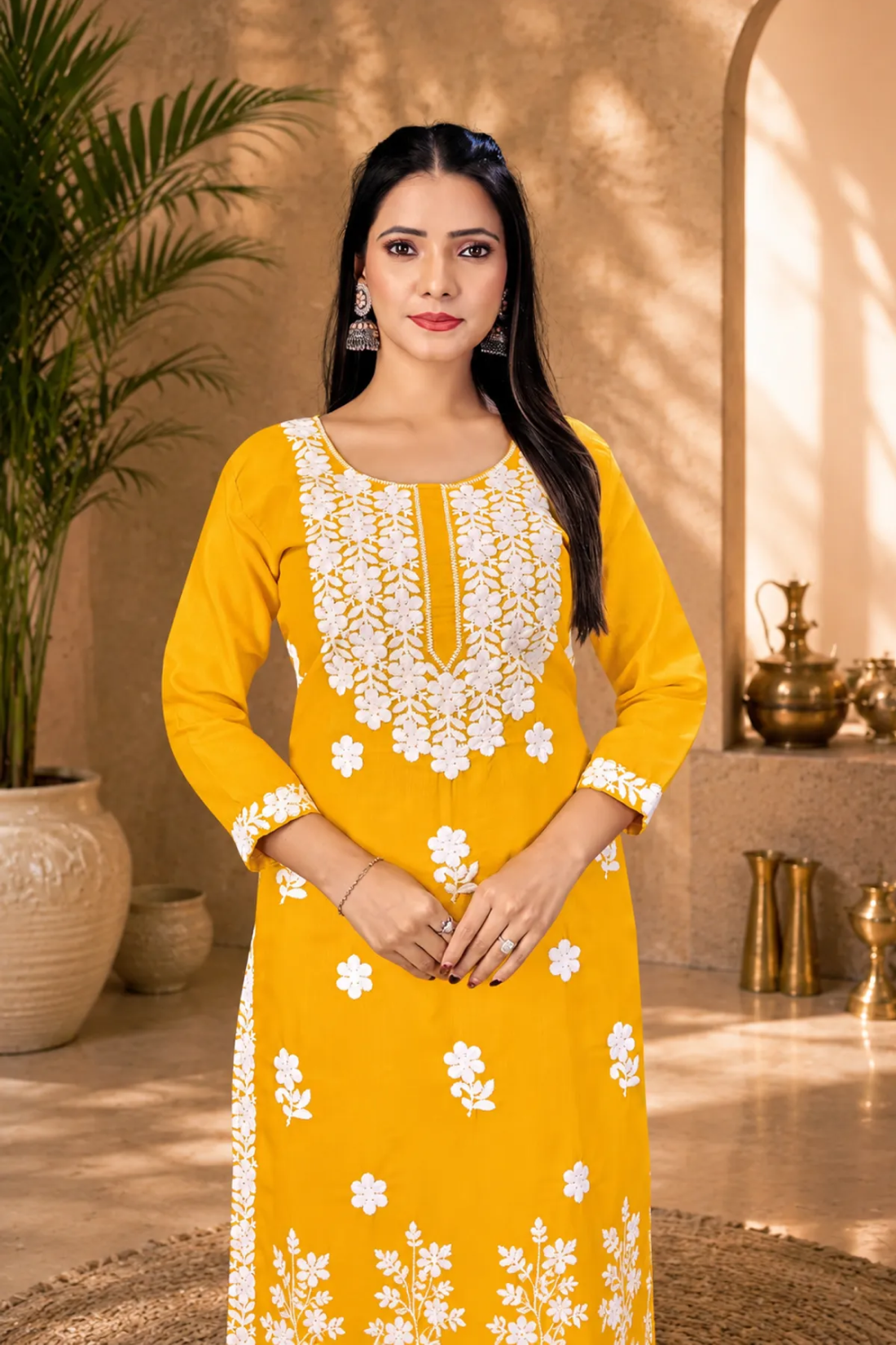 Premium Cotton Yellow Embroidered Kurta Set for Women