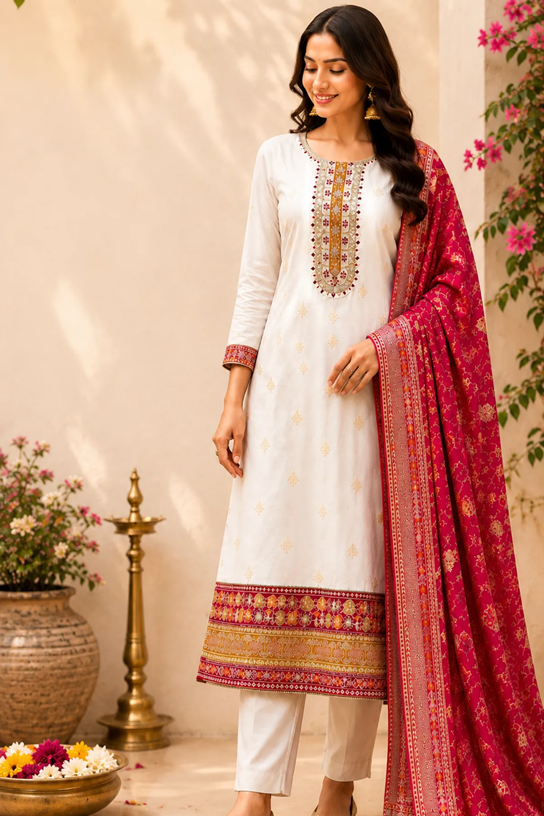 Elegant Off-White Kanjivaram Silk 3-Piece Suit Set with Embroidered Kurta & Zari Dupatta