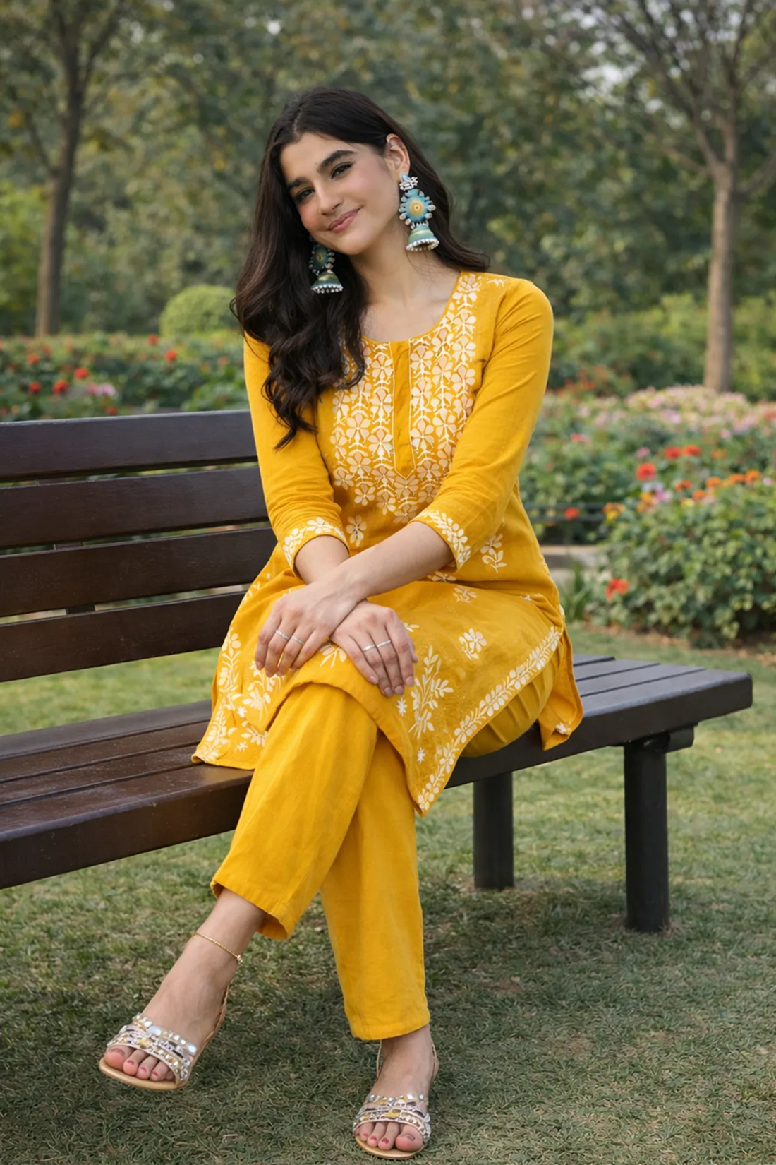 Premium Cotton Yellow Embroidered Kurta Set for Women