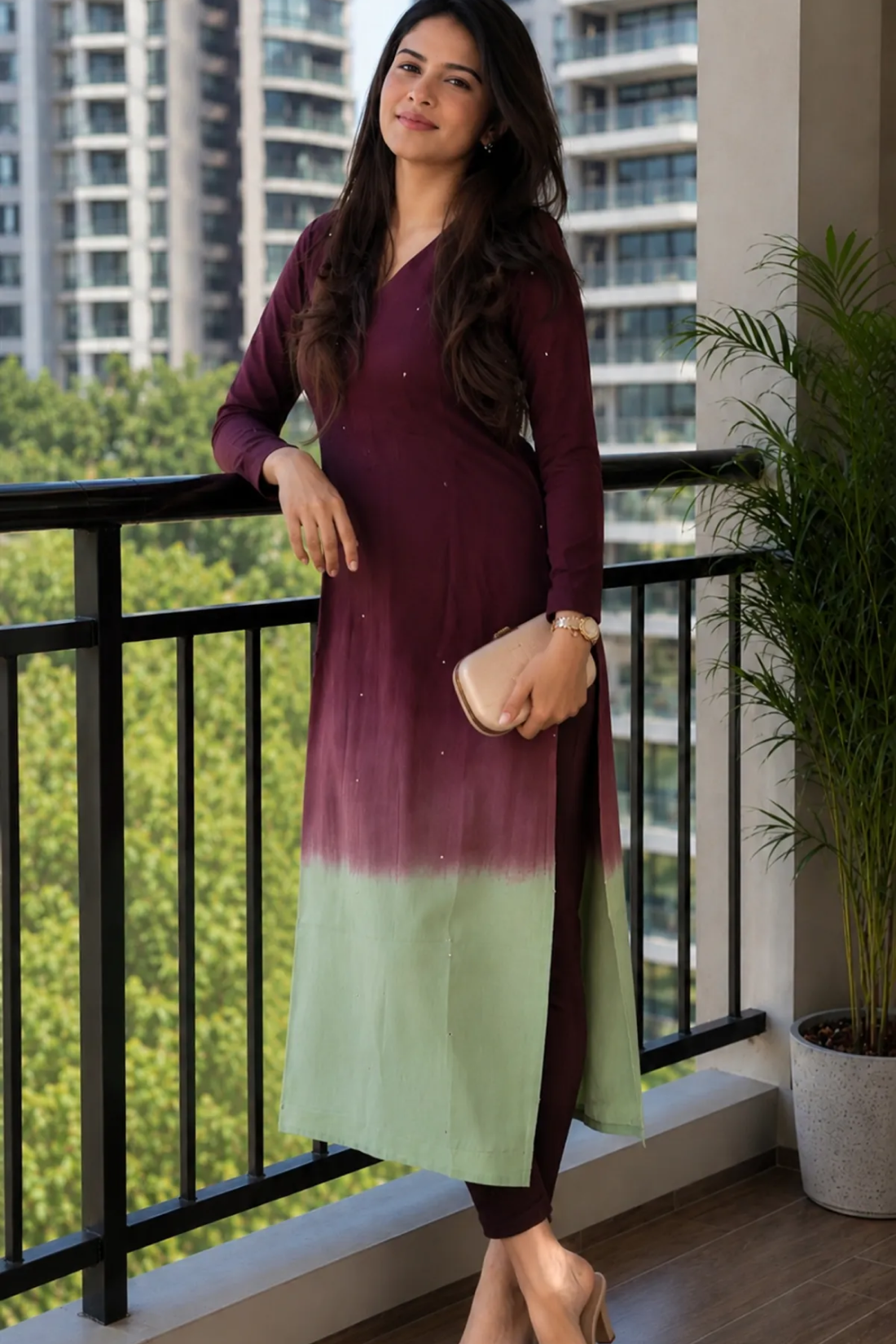 Elegant Ombre Sequence Work Full Sleeve Long Kurti | Only Kurti | Premium Silqura Fabric