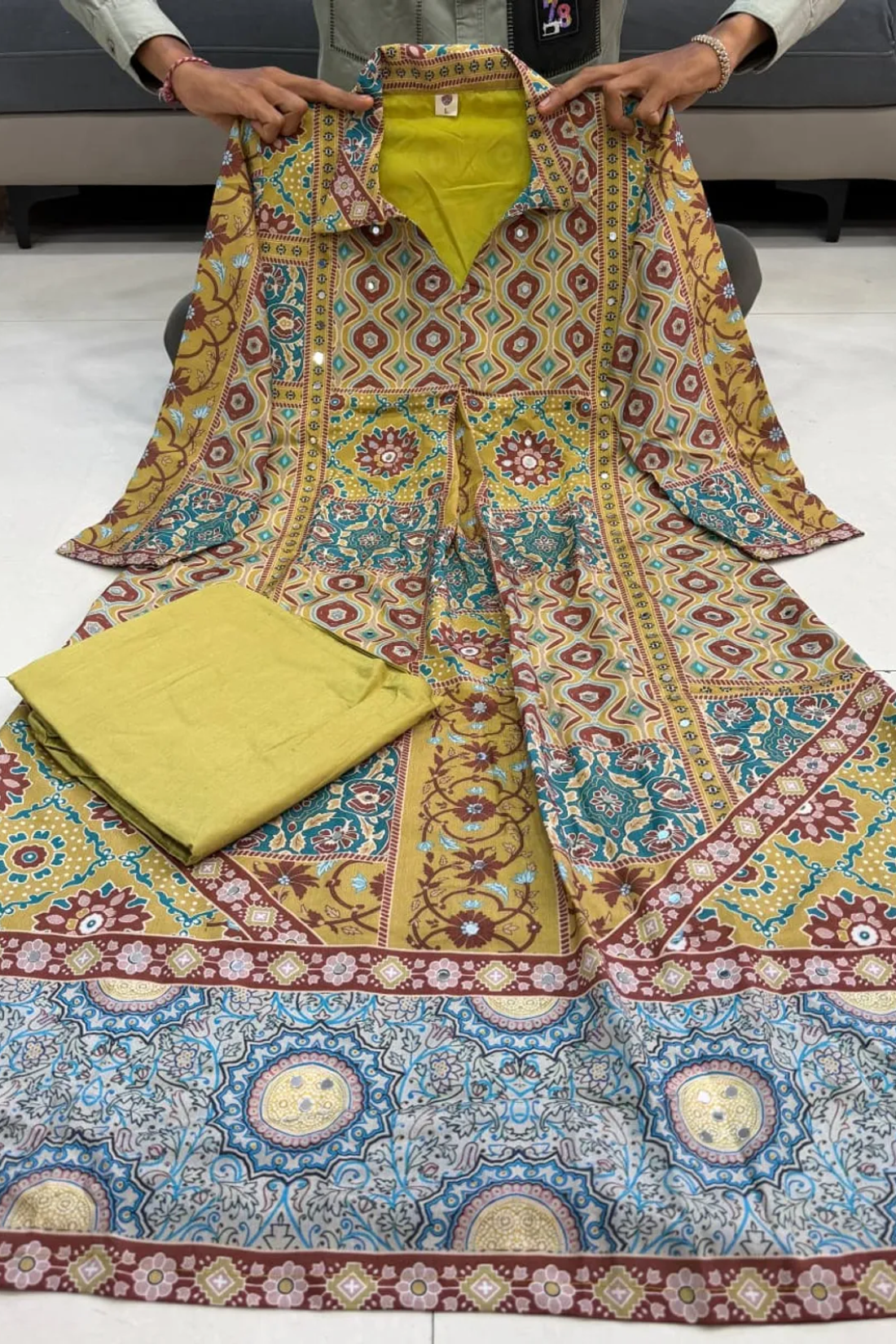 Women's Pure Natural Crape Ajrakh Print Co-Ord Set with Original Mirror Work | Designer Kurti & Maharaja Silky Palazzo | Freya