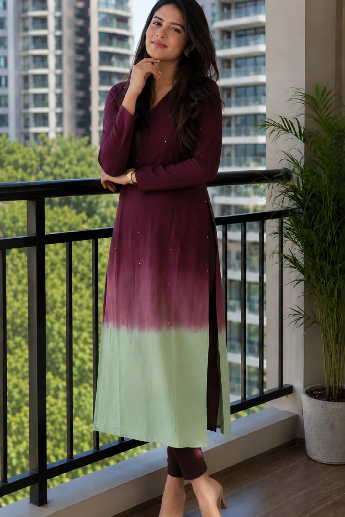 Elegant Ombre Sequence Work Full Sleeve Long Kurti | Only Kurti | Premium Silqura Fabric