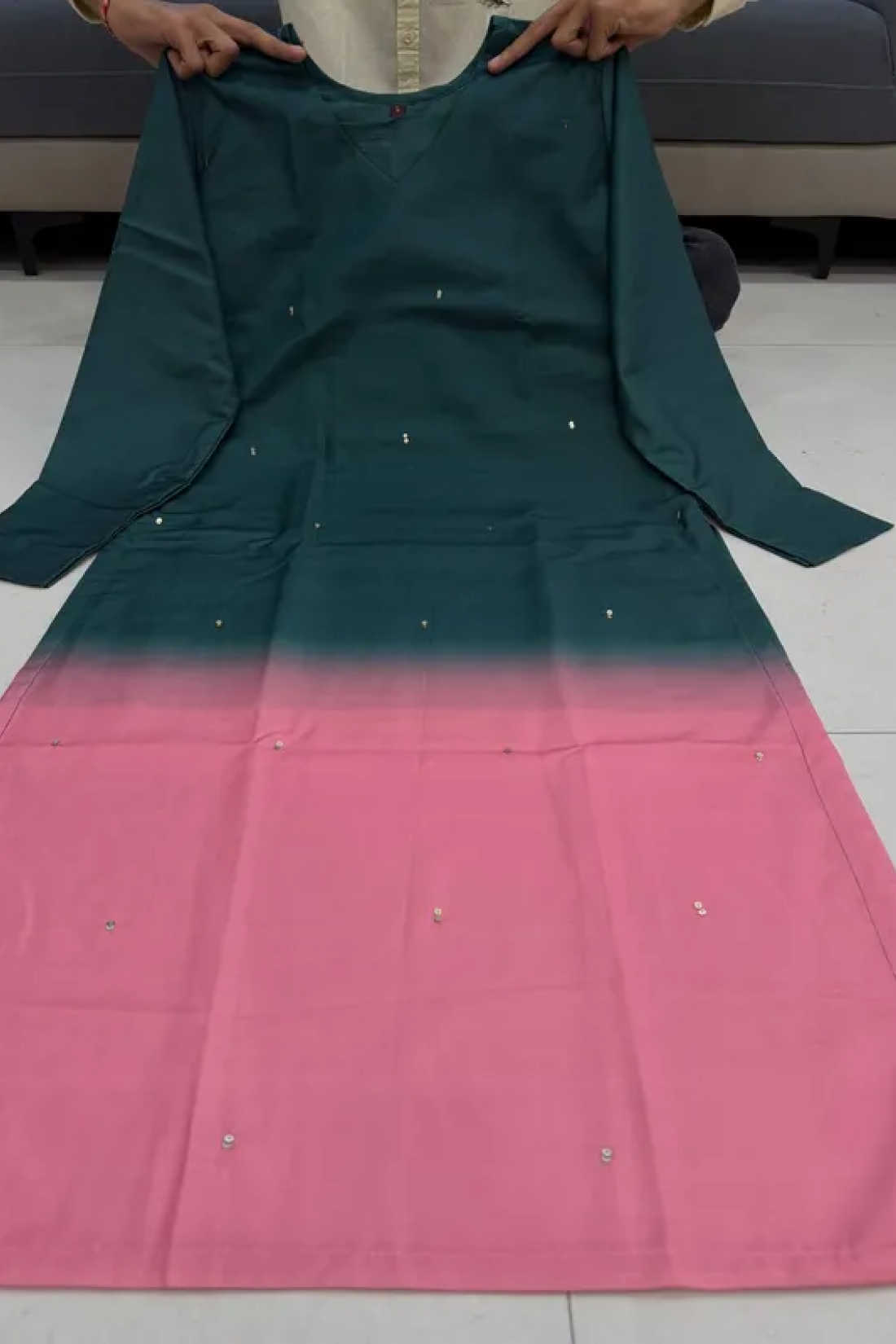 Elegant Ombre Sequence Work Full Sleeve Long Kurti | Only Kurti | Premium Silqura Fabric