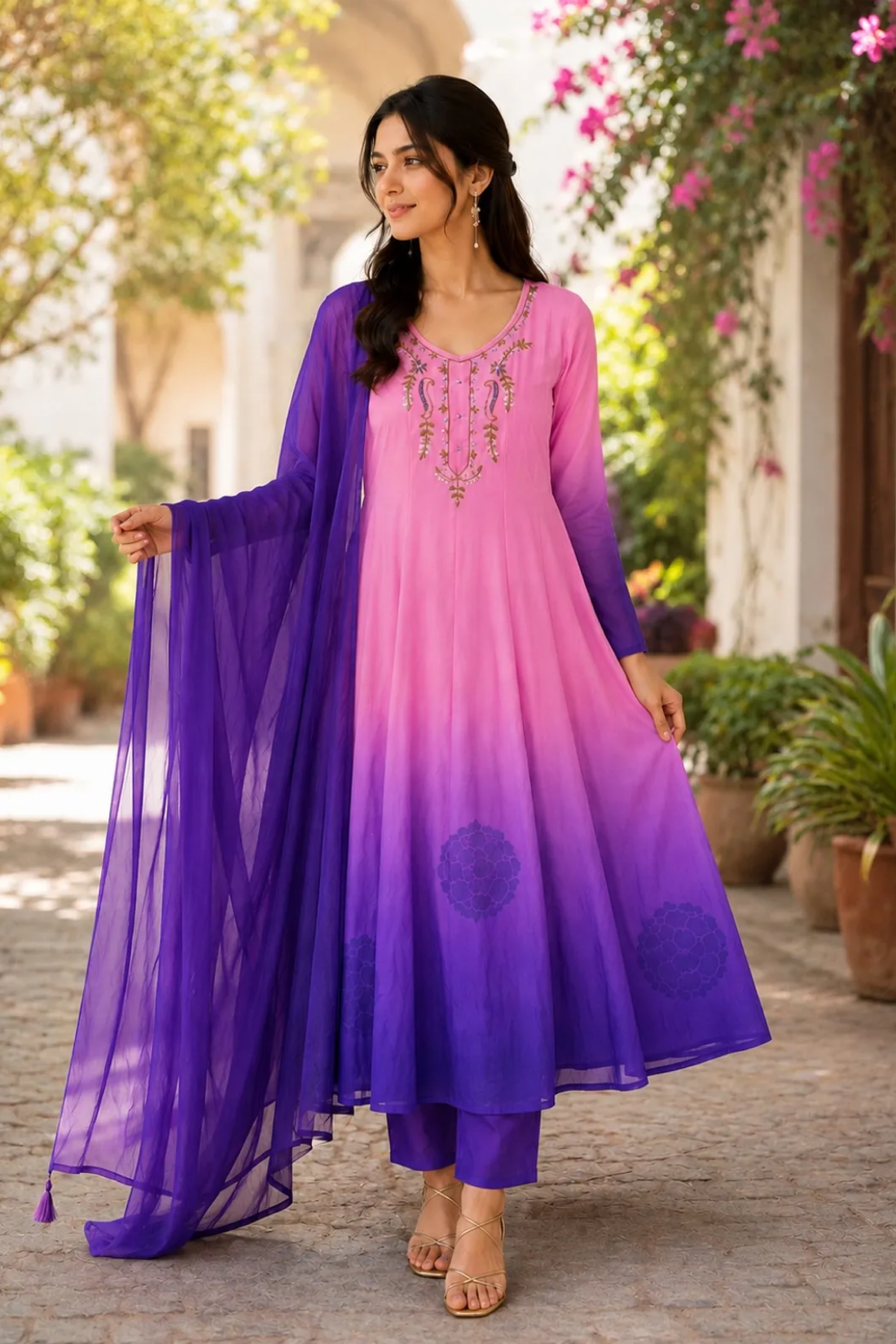 Pink Ombre Chiffon Anarkali Gown Suit Set with Hand Embroidery & Purple Dupatta | 3 Piece Festival Wear for Women