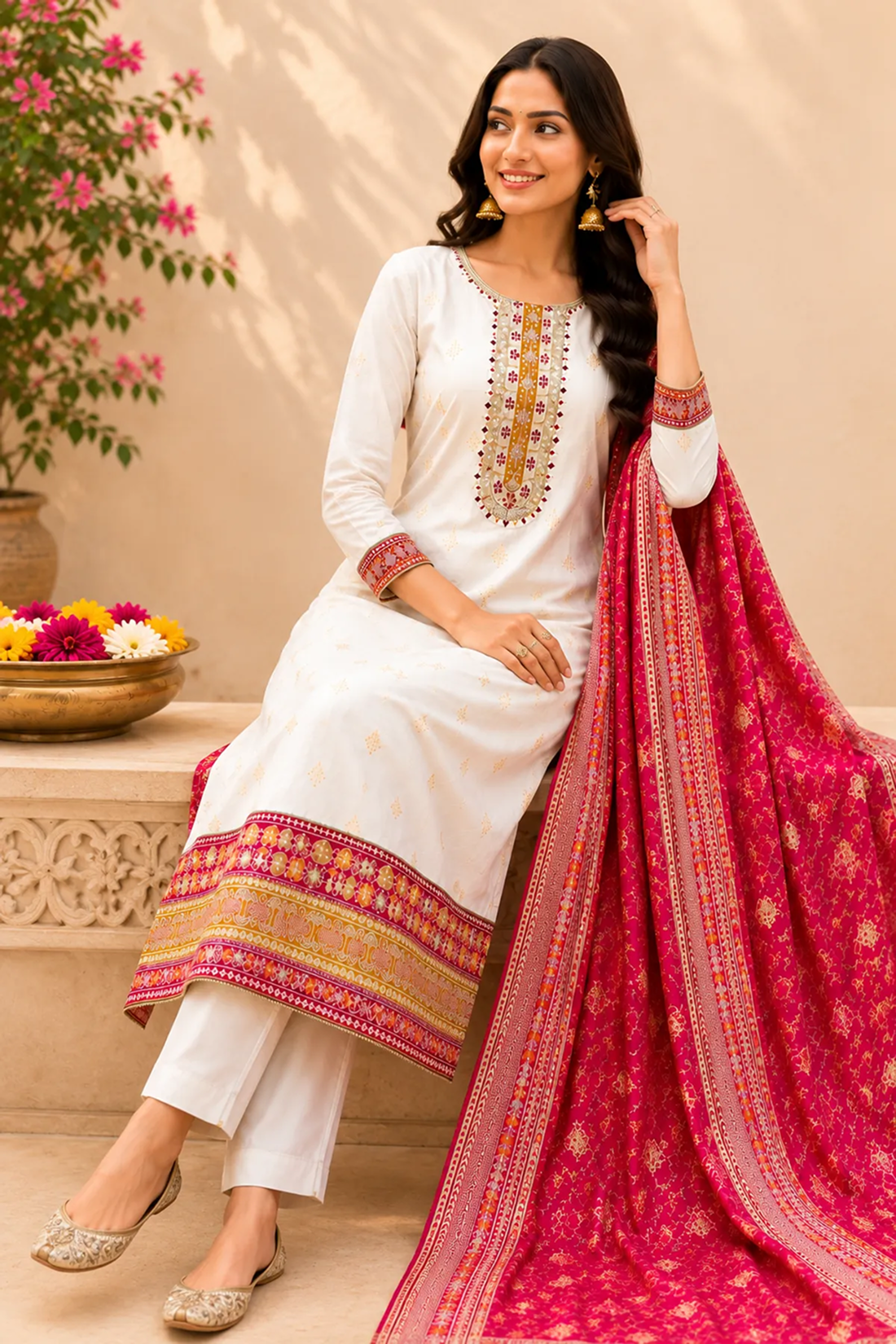 Elegant Off-White Kanjivaram Silk 3-Piece Suit Set with Embroidered Kurta & Zari Dupatta