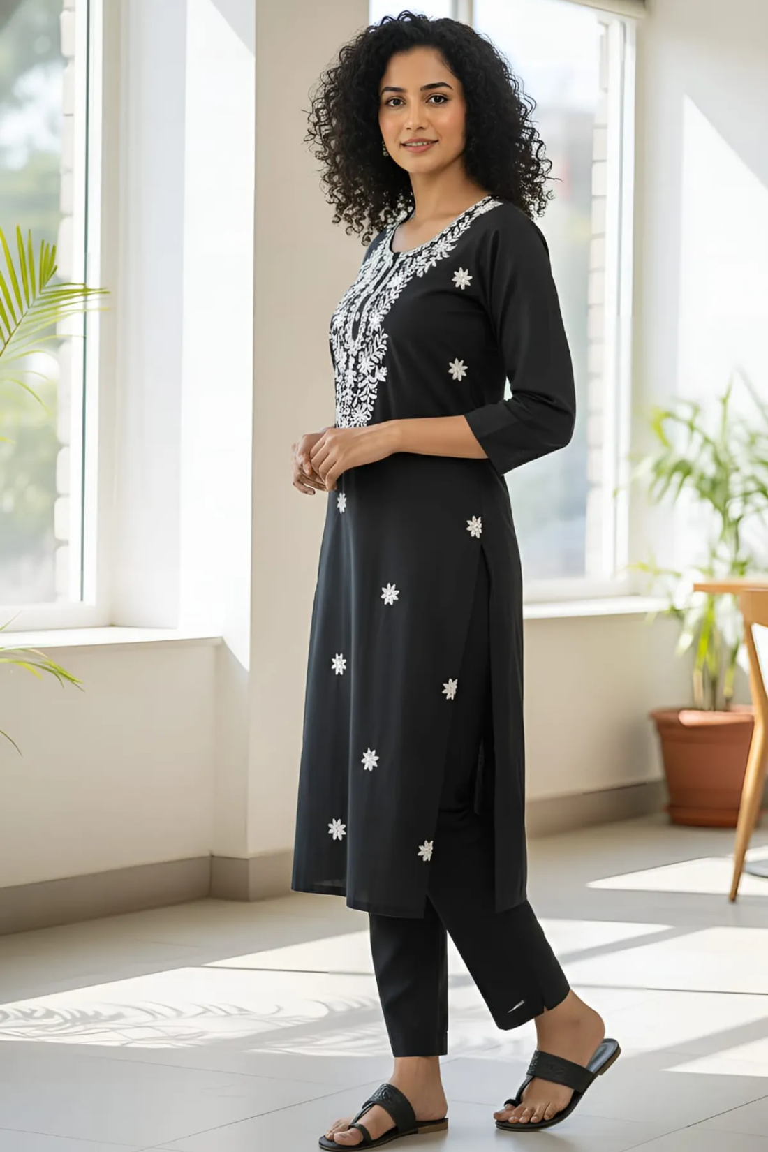 Sharda Ethnic Noor Black Embroidered Tesla Slub Kurti Pant Set For Women