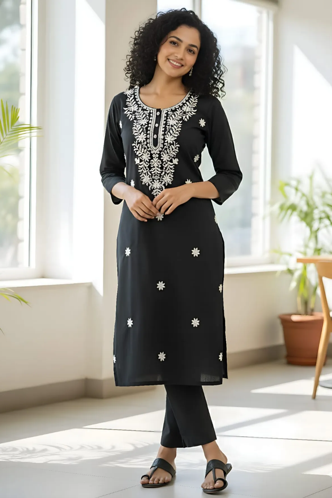 Sharda Ethnic Noor Black Embroidered Tesla Slub Kurti Pant Set For Women