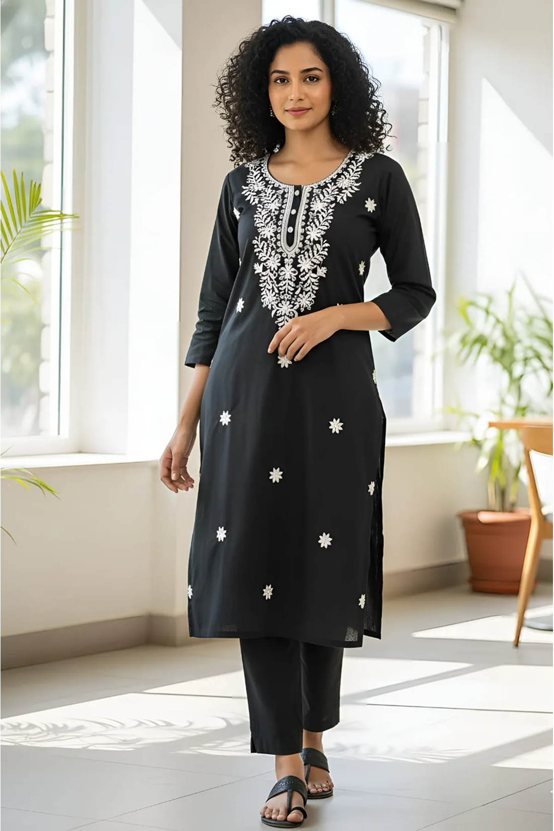 Sharda Ethnic Noor Black Embroidered Tesla Slub Kurti Pant Set For Women