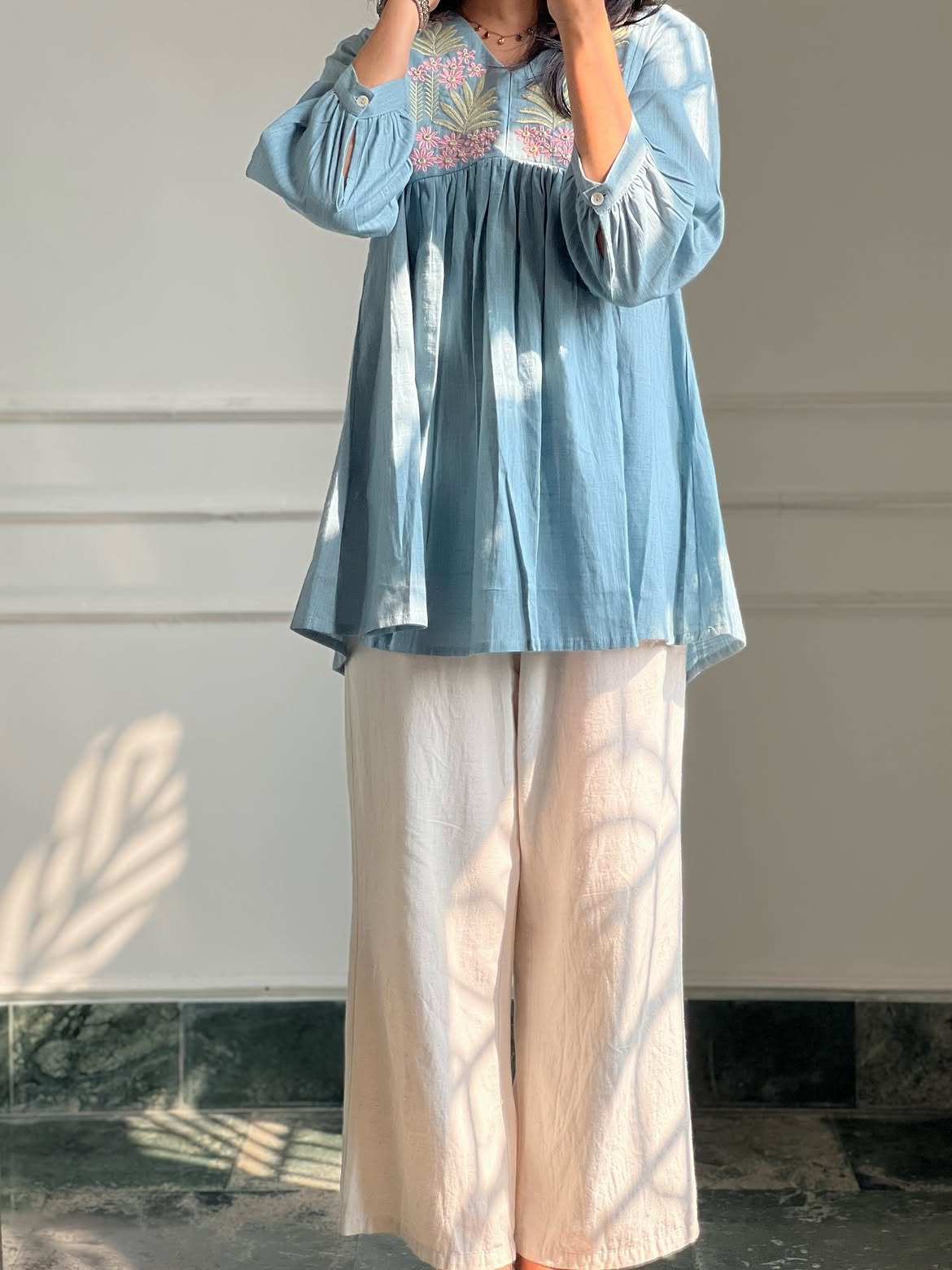 Blue Pure Cotton Embroidered Top & Palazzo Set