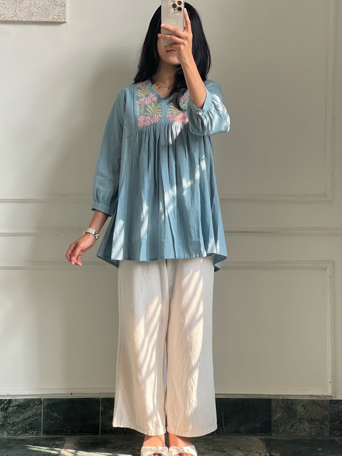 Blue Pure Cotton Embroidered Top & Palazzo Set