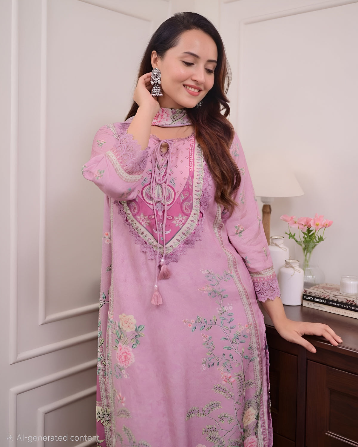 Lilac Pure Muslin Hand Embroidered 3-Piece Suit Set